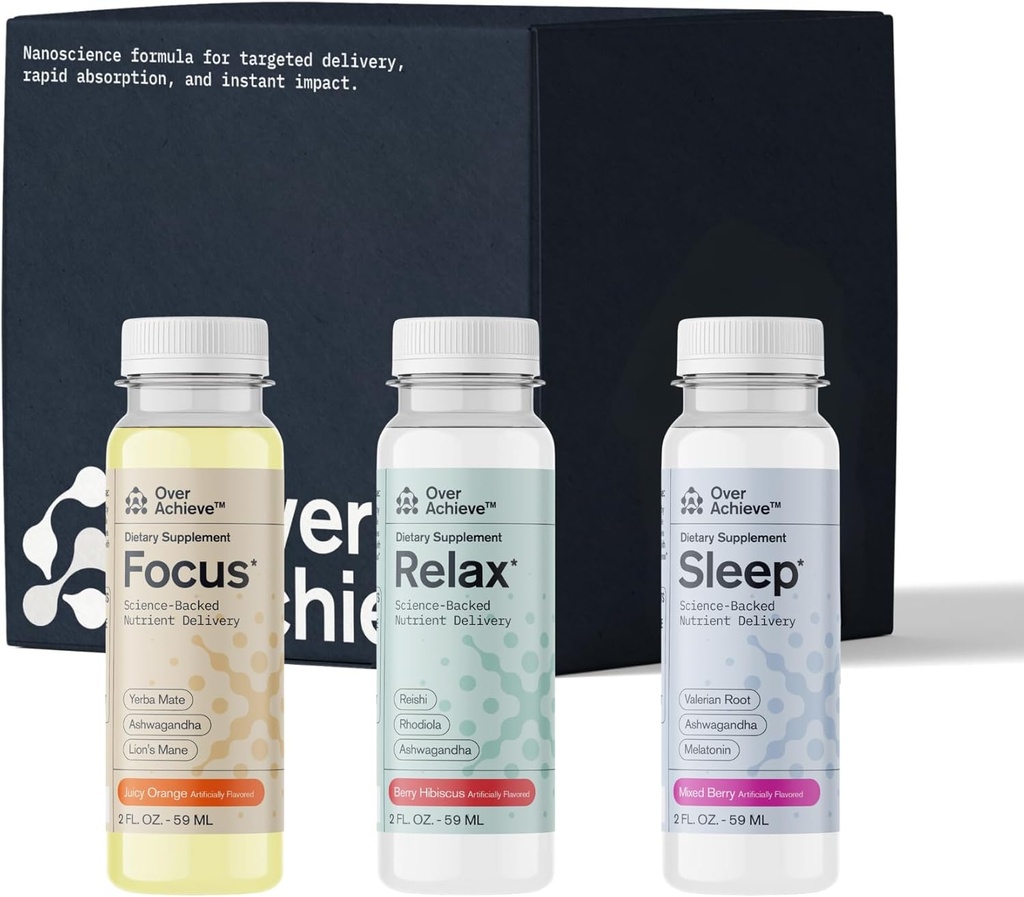 Supplement Variety Pack with Advanced Nanoscience Technology, 12 Pack, Stress Calming Relax Drink, Sleep Aid Drink, Nootropic Brain Supplement Focus Drink, 2 oz Shot