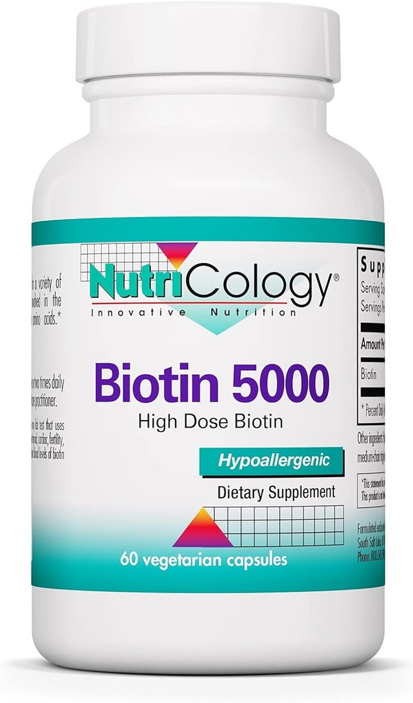 Nutricology Biotin 5000 Supplement - 5000mcg Biotin, Vitaminer for hår, hud og negle, Høj dosis, Vegetariske kapsler, Hypoallergen, Gluten Free - 60 Tæl