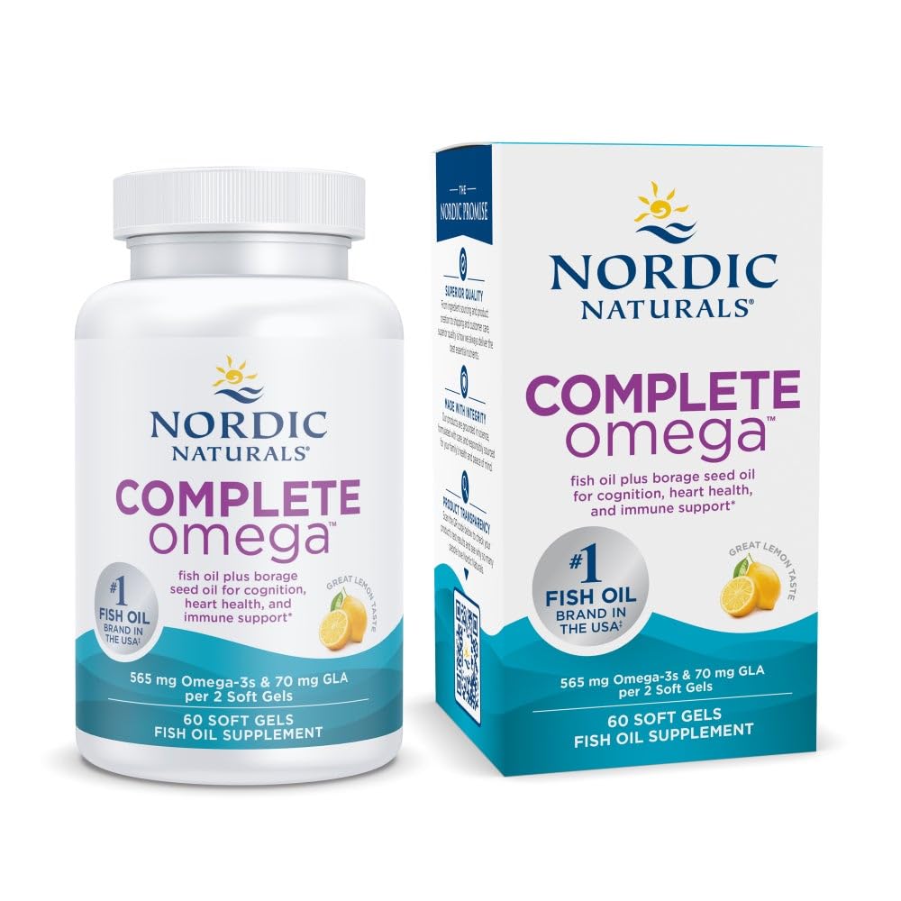 Nordic Naturals Complete Omega, Lemon Flavor - 60 Soft Gels - 565 mg Omega-3 - EPA & DHA med Tilføjet GLA - Sund hud, Kognition, Positive Mood - ikke-GMO - 30 Serveringer