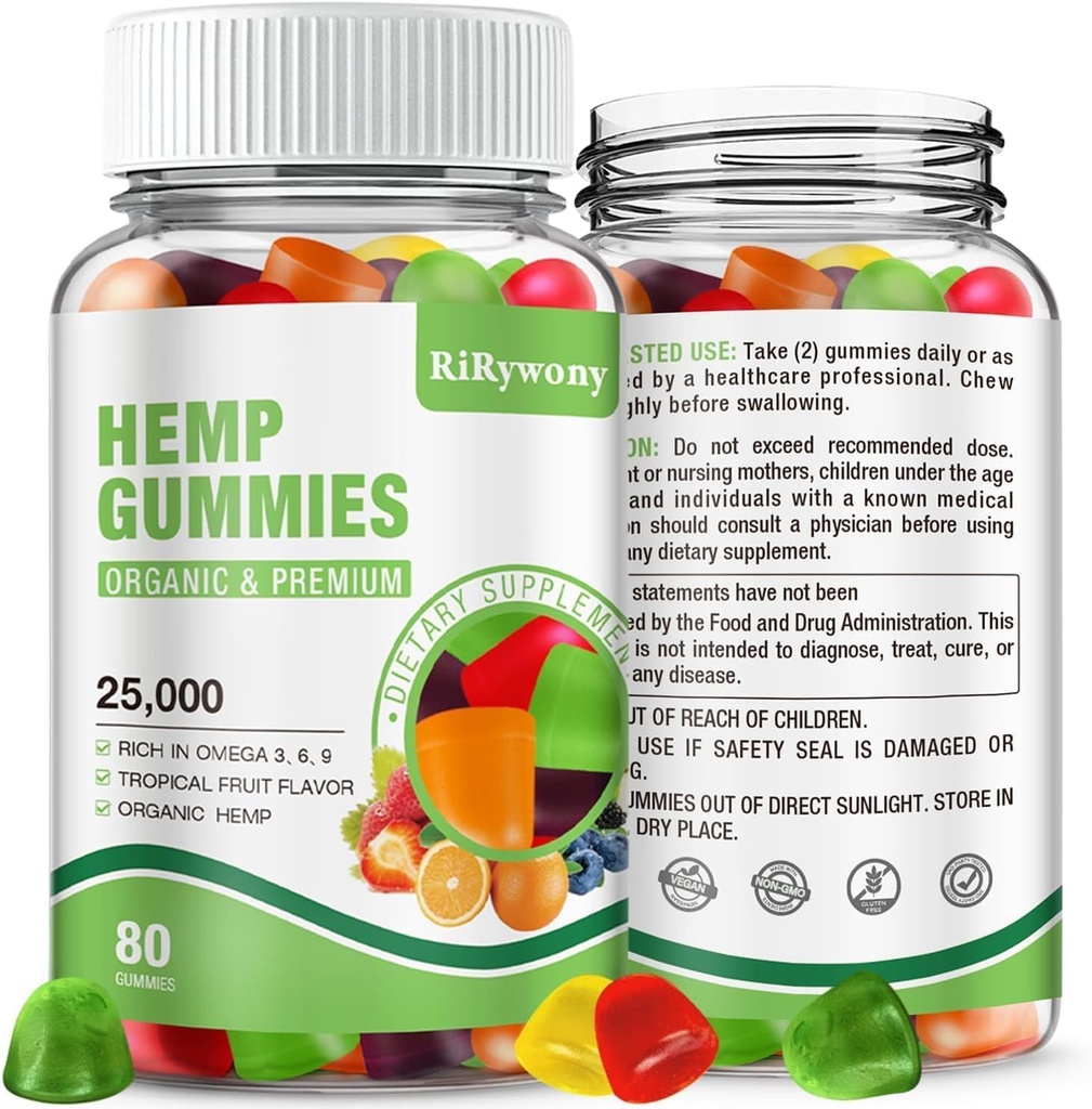 RiRywony Hemp Gummies 1 Pack - Extra Strength Natural Hemp Oil Fruity Edibles Vegan Gummy - Organic High Potency Supplement for Non-GMO Low Sugar - 80 Count