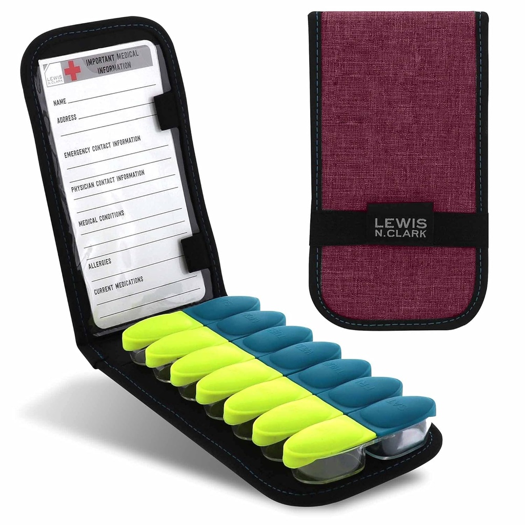 Lewis N. Clark magnetisk Folding Pill Organizer supplement sag for OTC medicin, reception Vitamins- 14 Slots, Burgundy