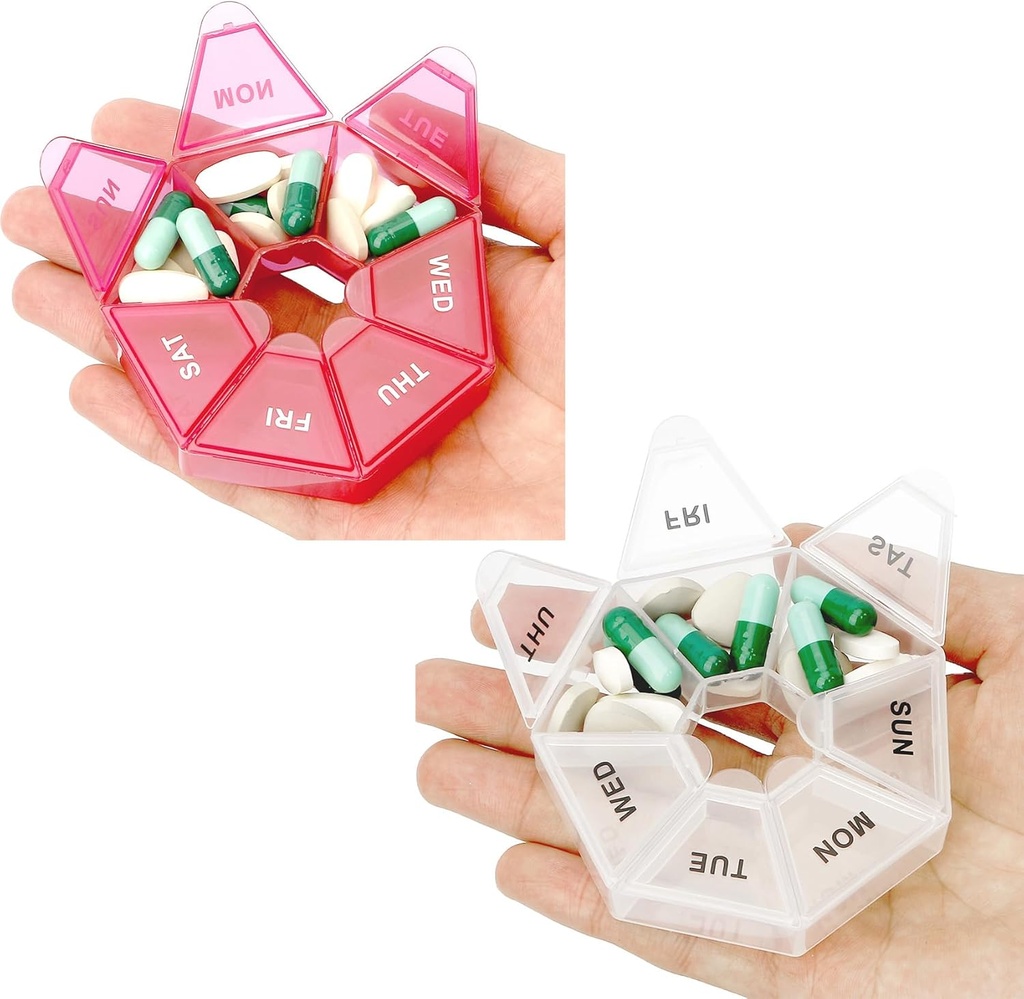 Pill Organizer, 2 Pack Pill Box, Small Pill Case,Medicine Pill Organizer 1 Time a Day, Weekly Pill Organizer, Pill Container, Pill Holder, Daily Pill Organizer Travel Pill Organizer 7 Day(Red&White)