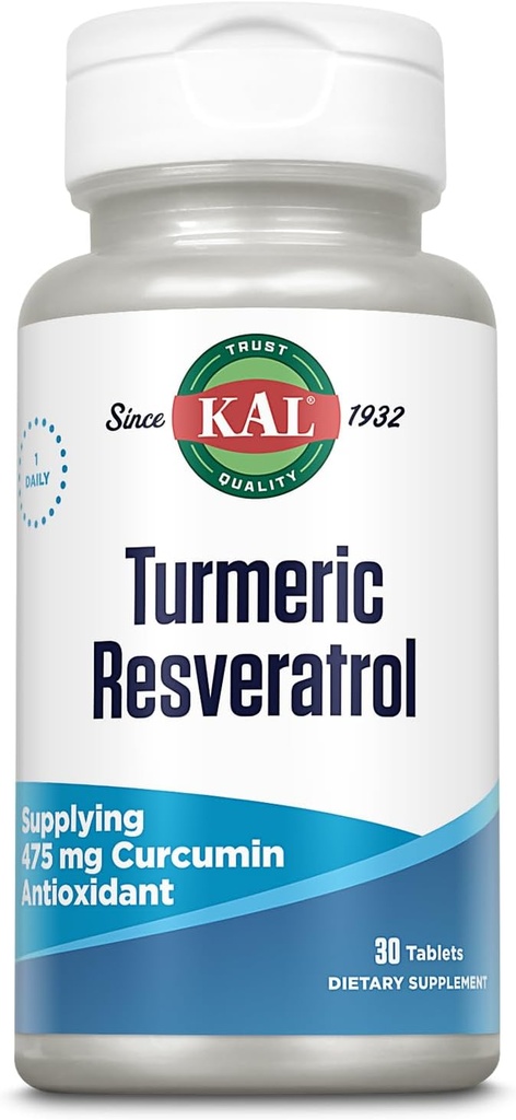 KAL Gurkemeje Resveratrol Supplement, Antioxidant Support, Supply 475 mg Gurkemeje, Heart Health and Joint Health Support, Rapid Disintegration, 60- Day Garanti, 30 Servere, 30 tabletter