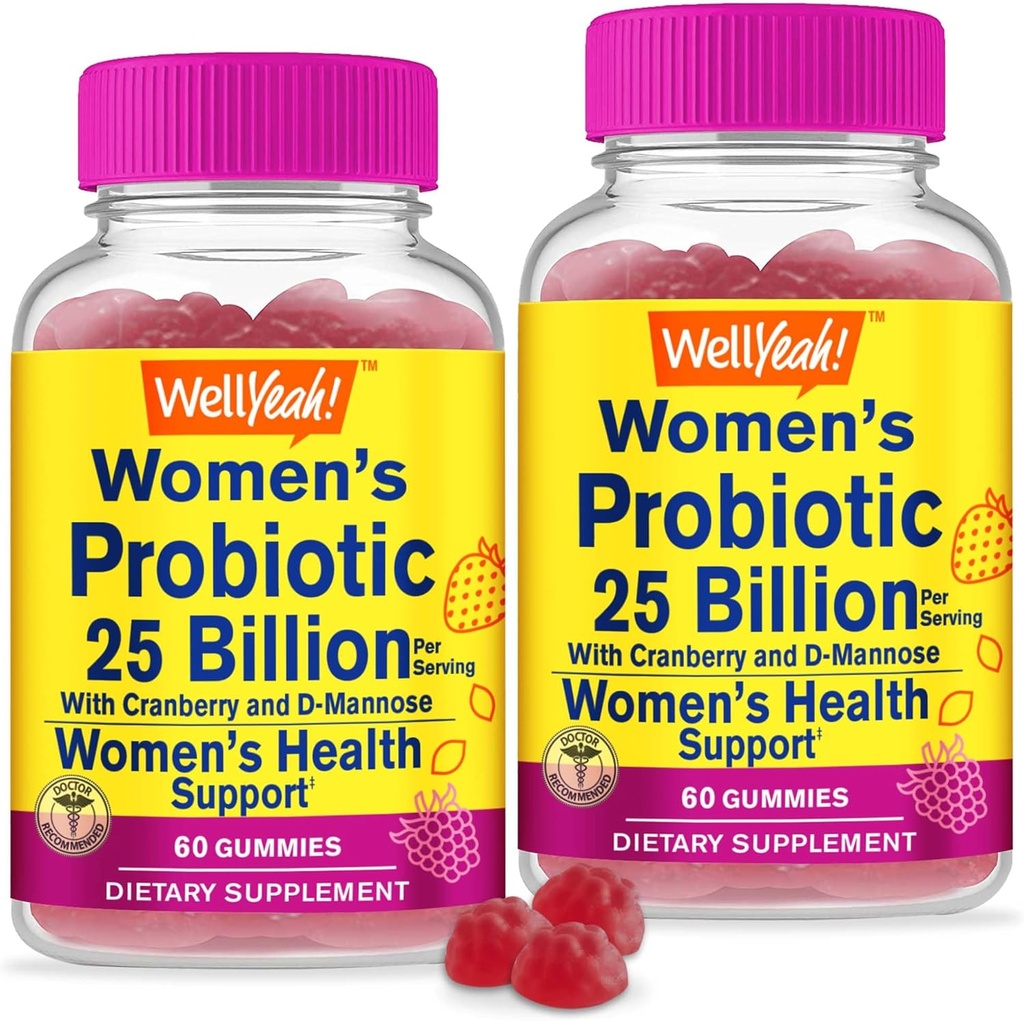 Nå Ja 25 Millioner Probiotika til kvinder Cranberry og D- Mannose Gummies (2 Pack) - Vaginal og Gut Sundhed, fordøjelsesstøtte, og Feminin Sundhed - Dame Probiotic med 12 Probiotika - 60 Gummies