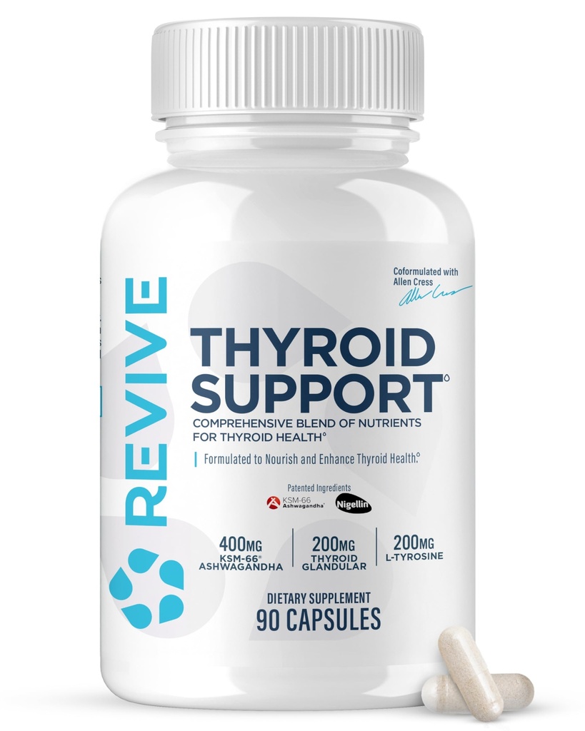 Revive MD Thyroid Support til mænd og kvinder - Omfattende Blend af Nutritents Understøtter sund Thyroid funktion med Essential Vitamin, Minerals & Urter (90 kapsler, 30 Servere)