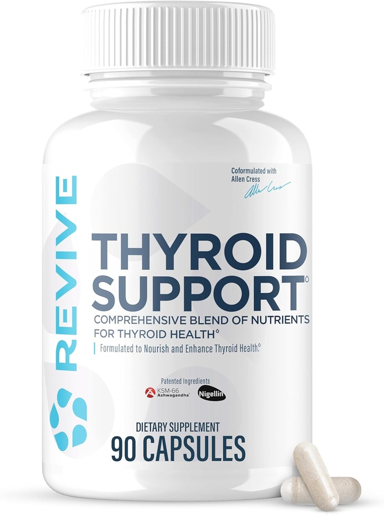 Revive MD Thyroid Support til mænd og kvinder - Omfattende Blend af Nutritents Understøtter sund Thyroid funktion med Essential Vitamin, Minerals & Urter (90 kapsler, 30 Servere)