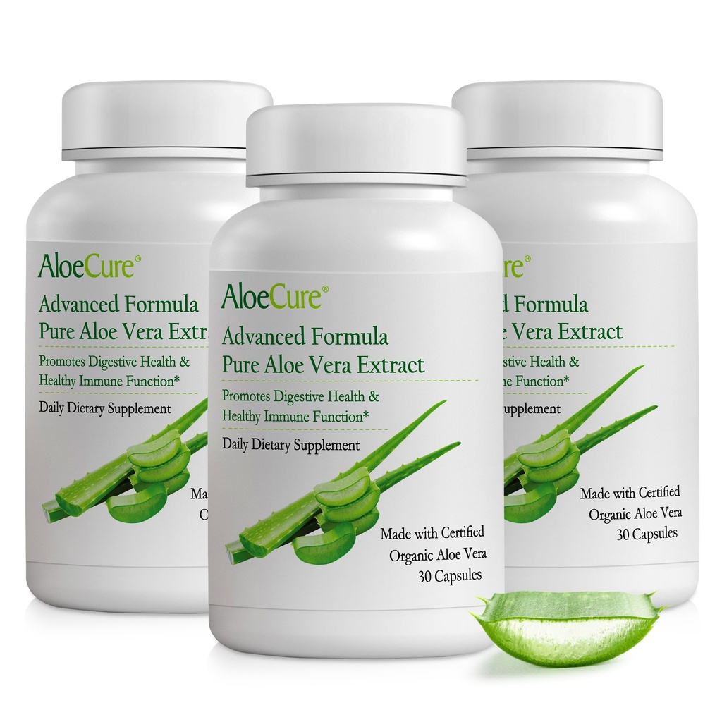 AloeCure Organic Aloe Vera Capsules, 160,000mg Inner Aloe Leaf Ækvivalent per servering, Support Gut, fordøjelsessygdomme, og immunsundhed, Hjælper med at opretholde balanceret Mavesyre, Aloin Free, 30Caps x 3Btl