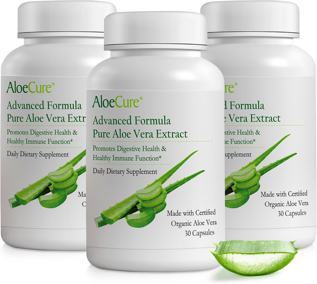 AloeCure Organic Aloe Vera Capsules, 160,000mg Inner Aloe Leaf Ækvivalent per servering, Support Gut, fordøjelsessygdomme, og immunsundhed, Hjælper med at opretholde balanceret Mavesyre, Aloin Free, 30Caps x 3Btl