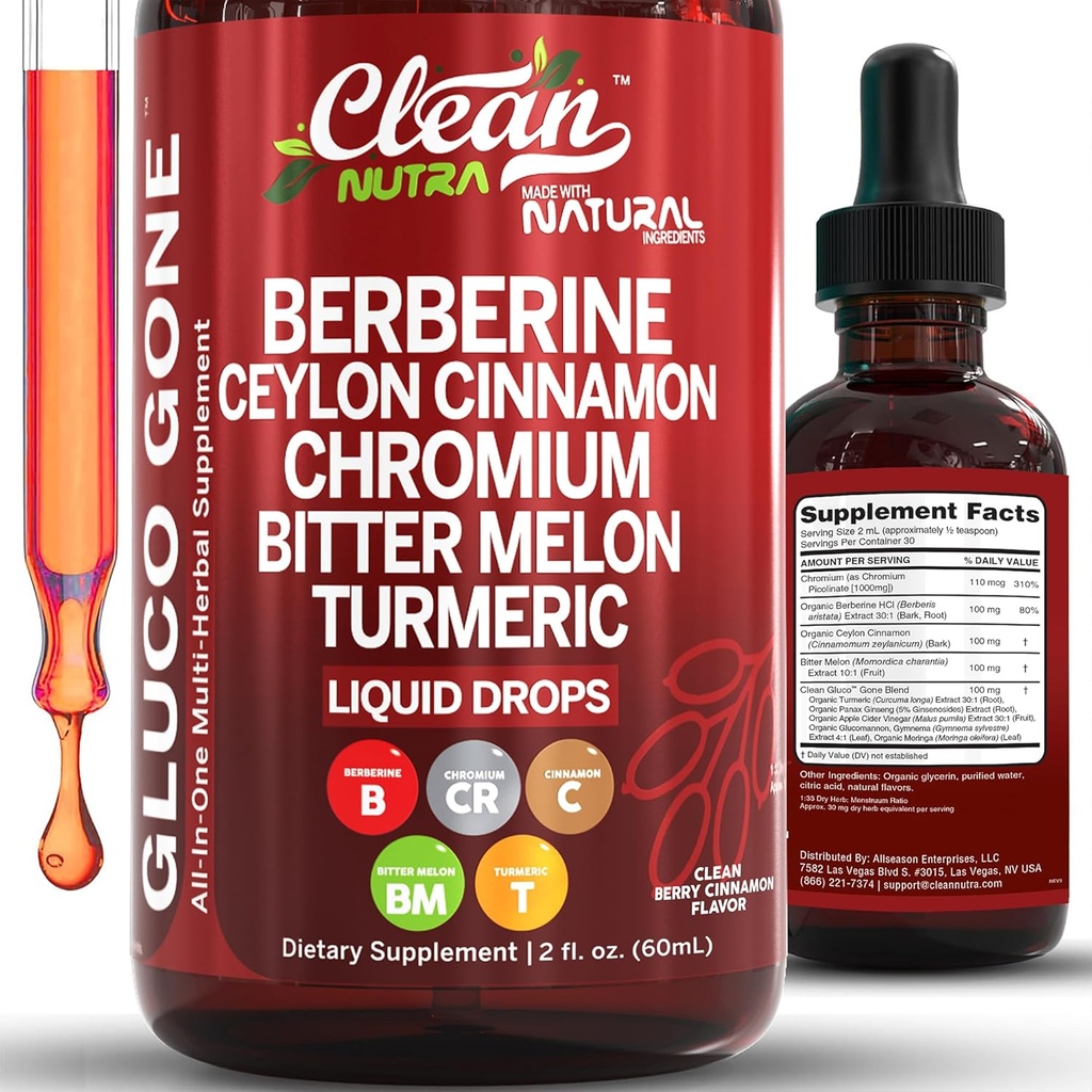 Clean Nutra Berberine med Ceylon Cinnamon Supplement Liquid Drops + Bitter Melon Extract, Glucomannan, Gymnema, Chrom, Gurmerisk, Organic Panax Ginseng, Moringa GLP-1 Support