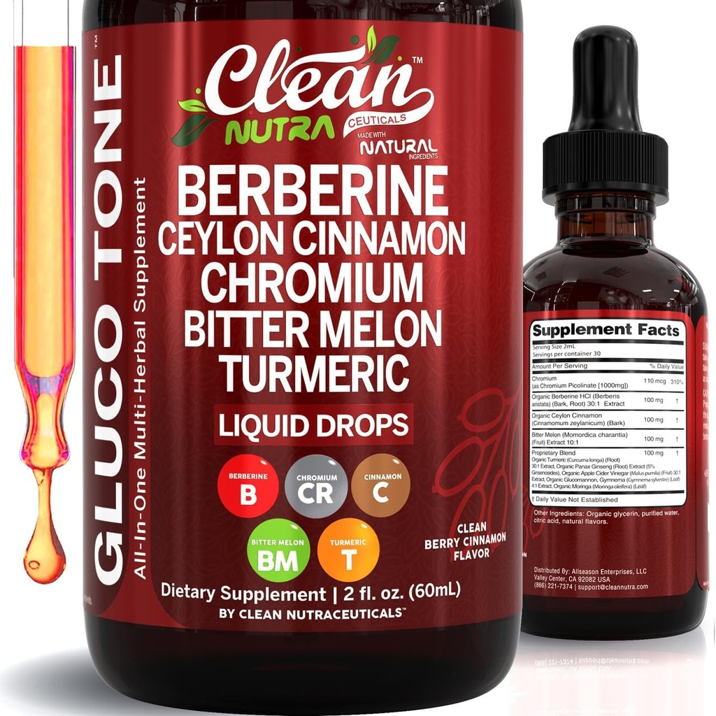 Clean Nutra Berberine med Ceylon Cinnamon Supplement Liquid Drops + Bitter Melon Extract, Glucomannan, Gymnema, Chrom, Gurmerisk, Organic Panax Ginseng, Moringa GLP-1 Support