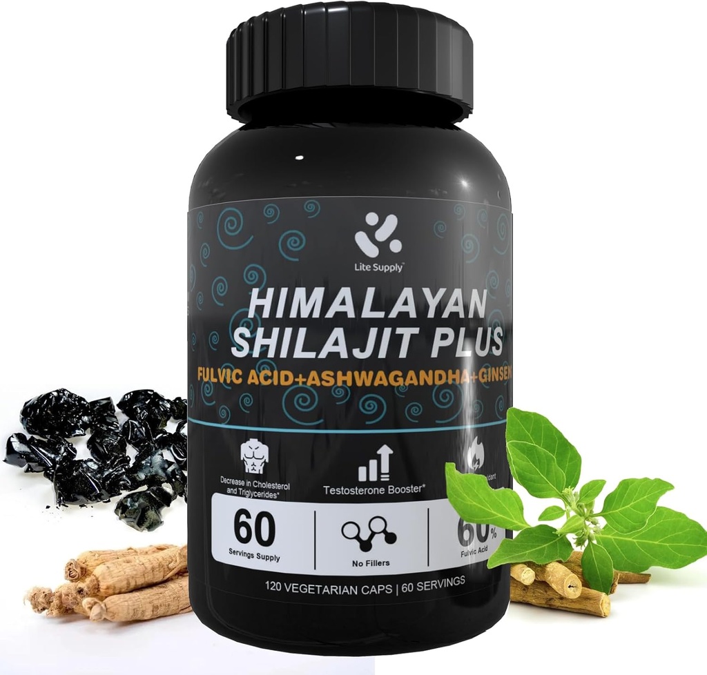 Shilajit Himalayan Supplement 60% Fulvic Acid, 120 Veganske kapsler Tilgang med Pure Natural Shilajit, Ashwagandha, Ginseng Extract - Høj i trace mineraler til mænd energistøtte