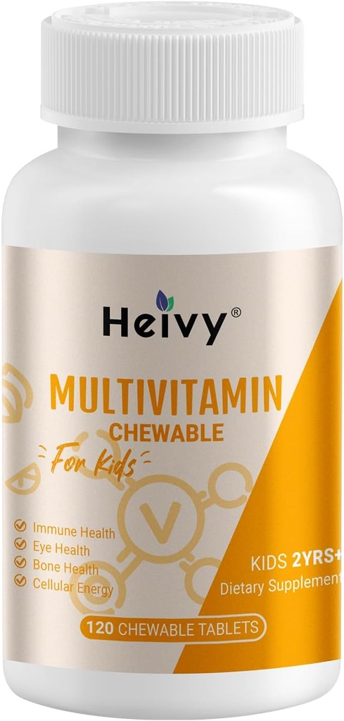Heivy Toddlers Multivitaminer, Kids Chewable Vitamin D3, C, Vitamin B12, B6, Vitamin A, E & Zink til immunforsvar og sundhed, 120 Chewable Tablets