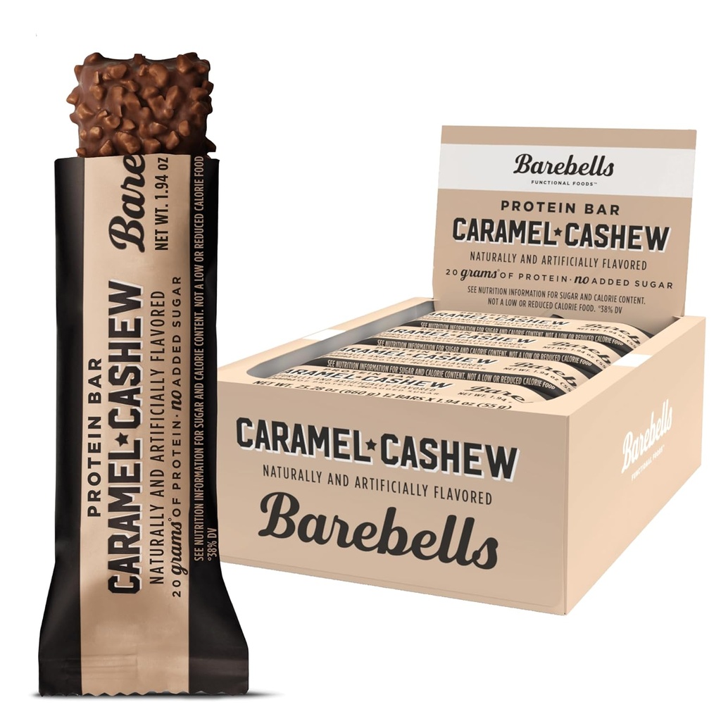 Barebells Protein Bars Caramel Cashew - 12 Greve, 20g High Protein Treats - Chokolade Nutrition Bar med 1g Total Sugars - On- The- Go Breakfast eller Post- Workout Snack