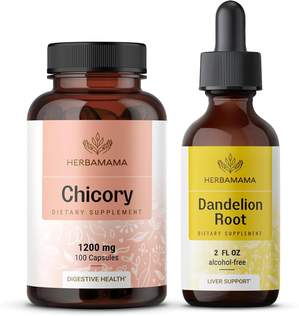 HERBAMAMA Chicory and Dandelion Kit - Bundle of 1200 mg Chicory Root Capsules & Dandelion Root Tincture 2 fl oz - Vegan, Non- GMO, Sugar & Alcohol- Free - 2 Pack