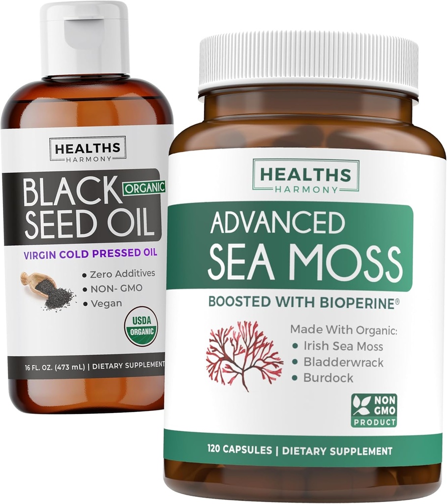 Black Seed Oil Liquid & Sea Moss (2-måneders forsyning) Sea & Seed Fusion Bundle - Black Seed Oil Liquid (16fl.oz) Premium Cold- Pressed Clack Cumin Seed Oil & Organic Irish Sea Moss med BioPerine - Vegan