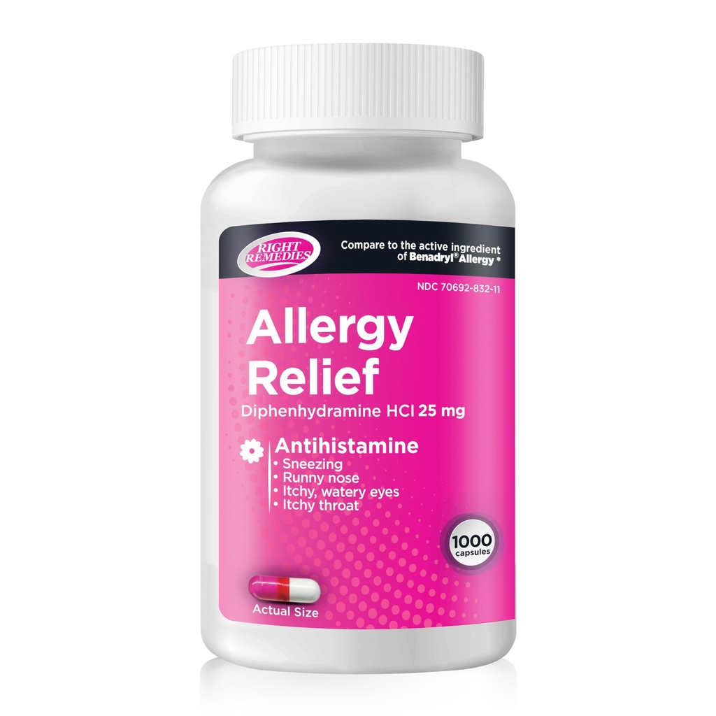 Allergi Relief, Antihistamin, Diphenhydramin HCL 25mg, Relieves Seasonal Indendørs eller Udendørs Allergier, Runny Næse, Nysen Allergi Relief (1000 kapsler)