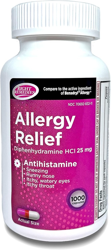 Allergy Relief, Antihistamine, Diphenhydramine HCL 25mg, Relieves Seasonal Indoor or Outdoor Allergies, Runny Nose, Sneezing Allergy Relief (1000 Capsules)