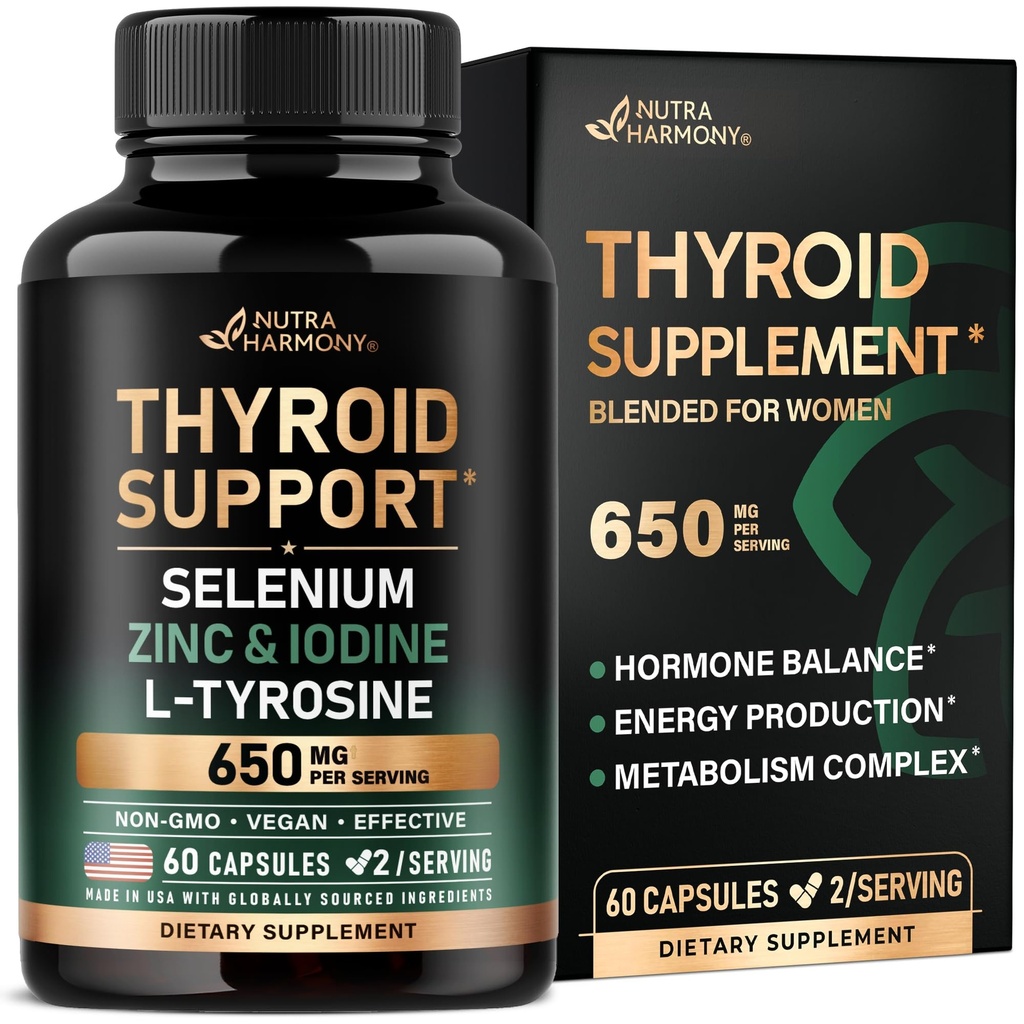 Thyreoideastøtte til kvinder - Selenium 200 mcg- 124; Astragalus - 124; Zink & Jod - 124; L- Tyrosine - 124; Adaptogen urter - 21- in-1 Antioxidant & immunforsvar - Made in USA - Vegan, Non- GMO, Lab Testet - 60 kapsler