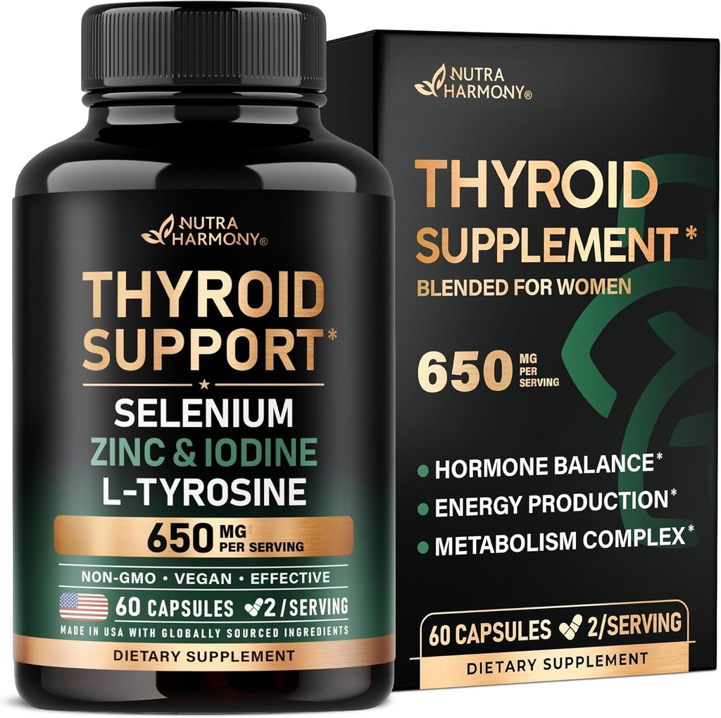 Thyreoideastøtte til kvinder - Selenium 200 mcg- 124; Astragalus - 124; Zink & Jod - 124; L- Tyrosine - 124; Adaptogen urter - 21- in-1 Antioxidant & immunforsvar - Made in USA - Vegan, Non- GMO, Lab Testet - 60 kapsler