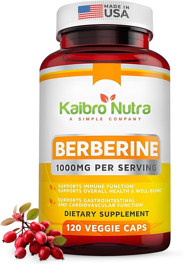 Kaibro Nutra Berberine Supplement 1000mg, Berberine HCL for Immune System, Glucose Support, Circulatory & Gastrointestinal Health, Vegan & Gluten-Free, 120 Capsules