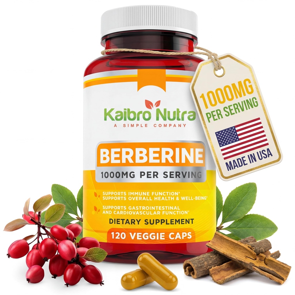 Kaibro Nutra Berberine Supplement 1000mg, Berberine HCL til immunsystemet, Glucose Support, Circulatory & Gastrointestinal Health, Vegan & Gluten- Free, 120 Kapsler