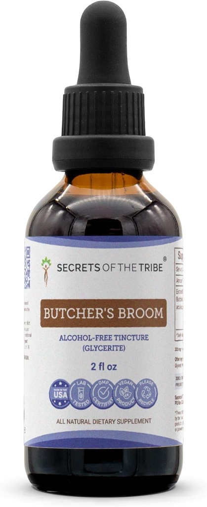 Secrets of the Tribe Butcher 's Broom Alkohol- Free Liquid Extract, Butcher' s Broom (Ruscus aculeatus) Tørret Root Tincture Supplement (2 FL OZ)