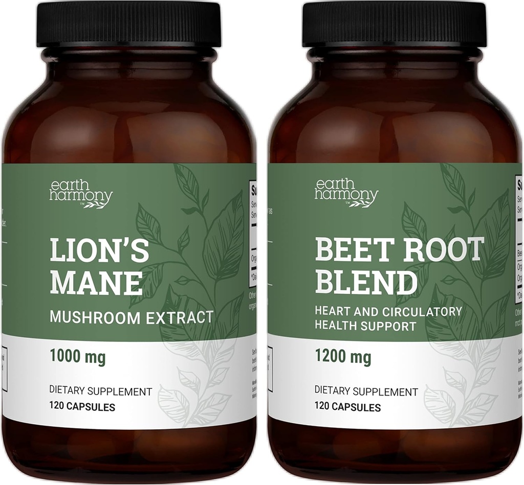 Earth Harmony Organic Lions Mane & Beet Root Powder - 120 kapsler hver