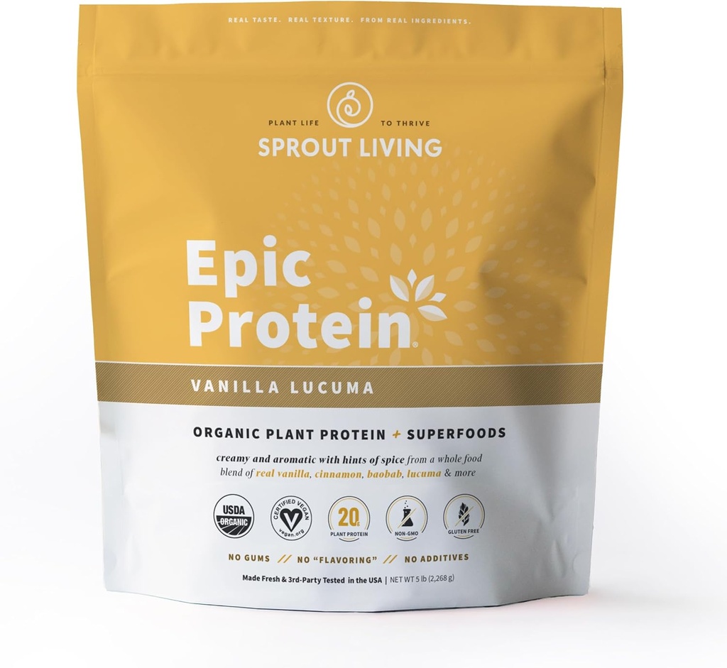 Sprut Living Epic Protein, Plant Based Protein & Superfoods Powder, Vanilla Lucuma Powder Budd124; 20 Grams Organic Protein Powder, Vegan, Non Dairy, Non- GMO, Gluten Free, Low Sugar (5 Pund, 60 Servering)