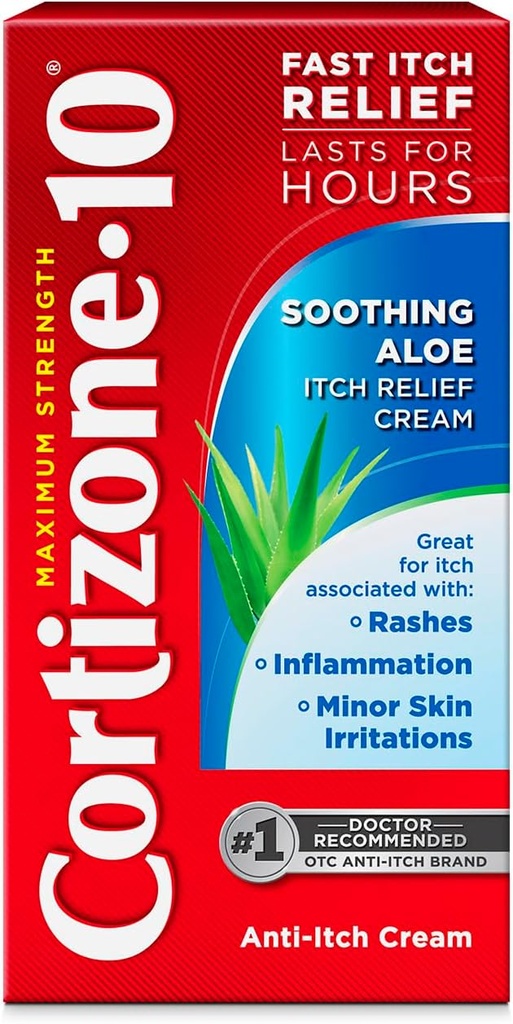 Kortison- 10 Maksimal styrke Lindrende Aloe Itch Relief Cream, 1% Hydrocortison, Fast- Action- Action-, Anti- Itch Cream for Bug Bites, Udslæt, Eksem, Psoriasis, Poison Ivy, Oak, Sumac & Mere, 1 oz