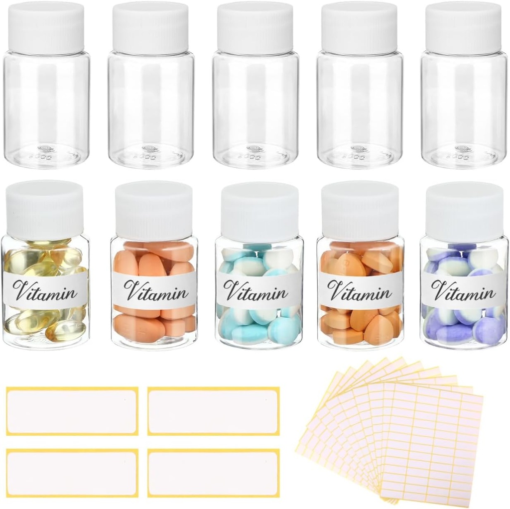 10Pcs Pill Flasker med blanke etiketter - 30ml Medicine Containers med Skrue Caps- Plastic Tomme Lille Pill Container Leak- Bevis klar prøve krukke til dispense for flydende Solid Navn Stickers