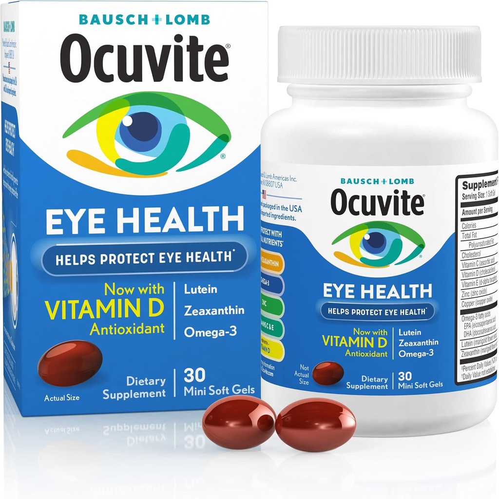 Ocuvite Eye Health, Lutein & Zeaxanthin Supplement, Eye Vitamin med antioxidant D, C, E & Omega-3, Hjælper Beskyt Eye Health, 30 Softgels