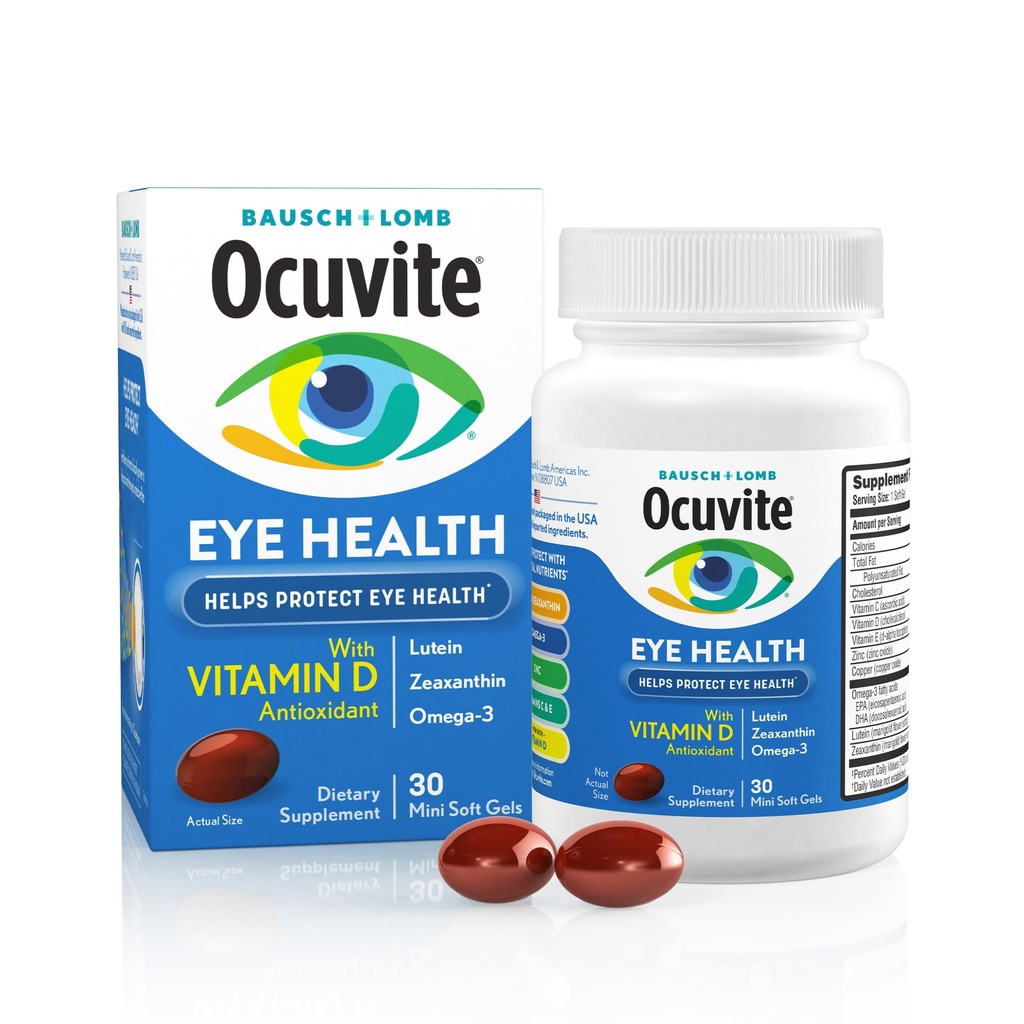 Ocuvite Eye Health, Lutein & Zeaxanthin Supplement, Eye Vitamin med antioxidant D, C, E & Omega-3, Hjælper Beskyt Eye Health, 30 Softgels