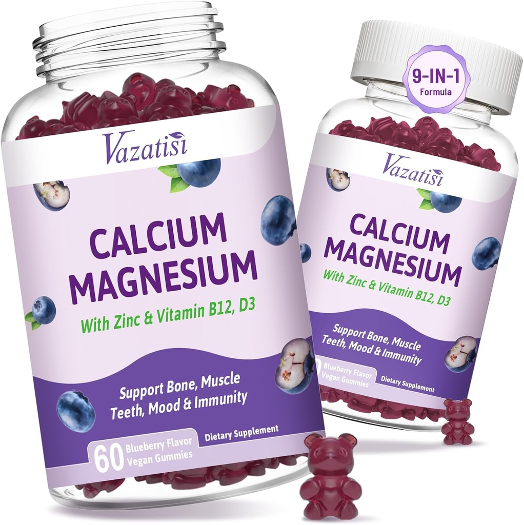 2 Pack Calcium Magnesium Zinkgummier med vitamin D3 & B12, Sukker gratis Calciumtilskud til kvinder Mænd, Vegansk blåbær Flavor