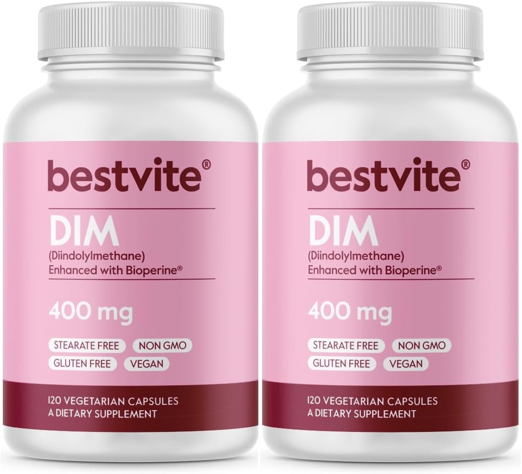 BESTVITE DIM (Diindolylmethan) 400mg med Bioperine (240 Vegetariske kapsler) (120 x 2) - Ingen stearater - Ingen Gelatine - Vegan - Ikke GMO - Gluten Free
