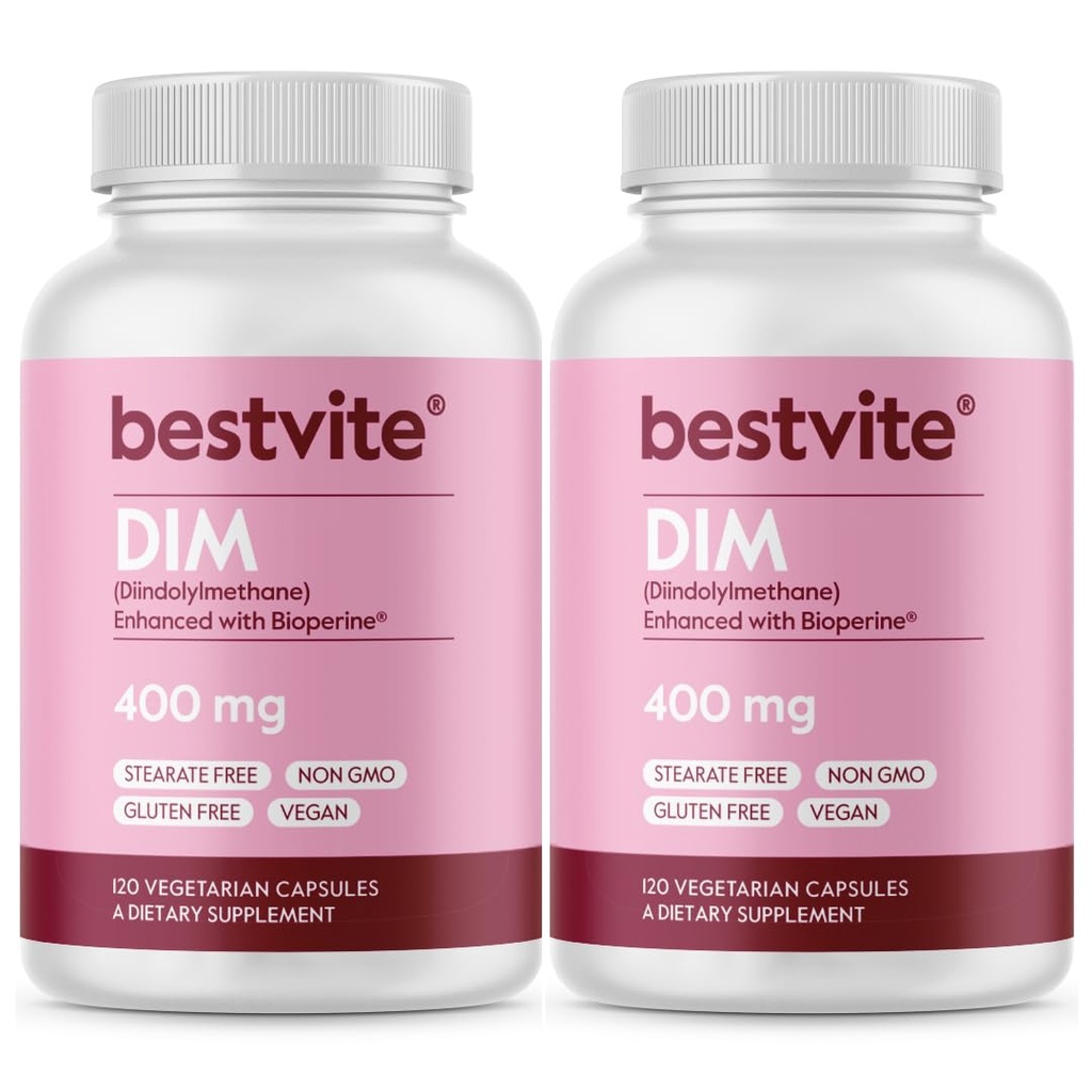BESTVITE DIM (Diindolylmethane) 400mg with Bioperine (240 Vegetarian Capsules) (120 x 2) - No Stearates - No Gelatin - Vegan - Non GMO - Gluten Free