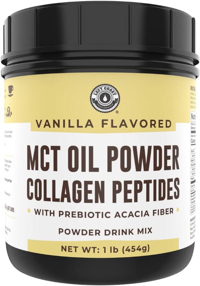 Keto MCT Oil Powder + Collagen + Prebiotic Acacia Fiber, Vanilla Flavor, 16oz. MCT Oil Powder fra Coconuts. Græs Fed Collagen, Perfekt til Keto, 0 Net Carb, Stevia, Erythritol, Pulveriseret Drik
