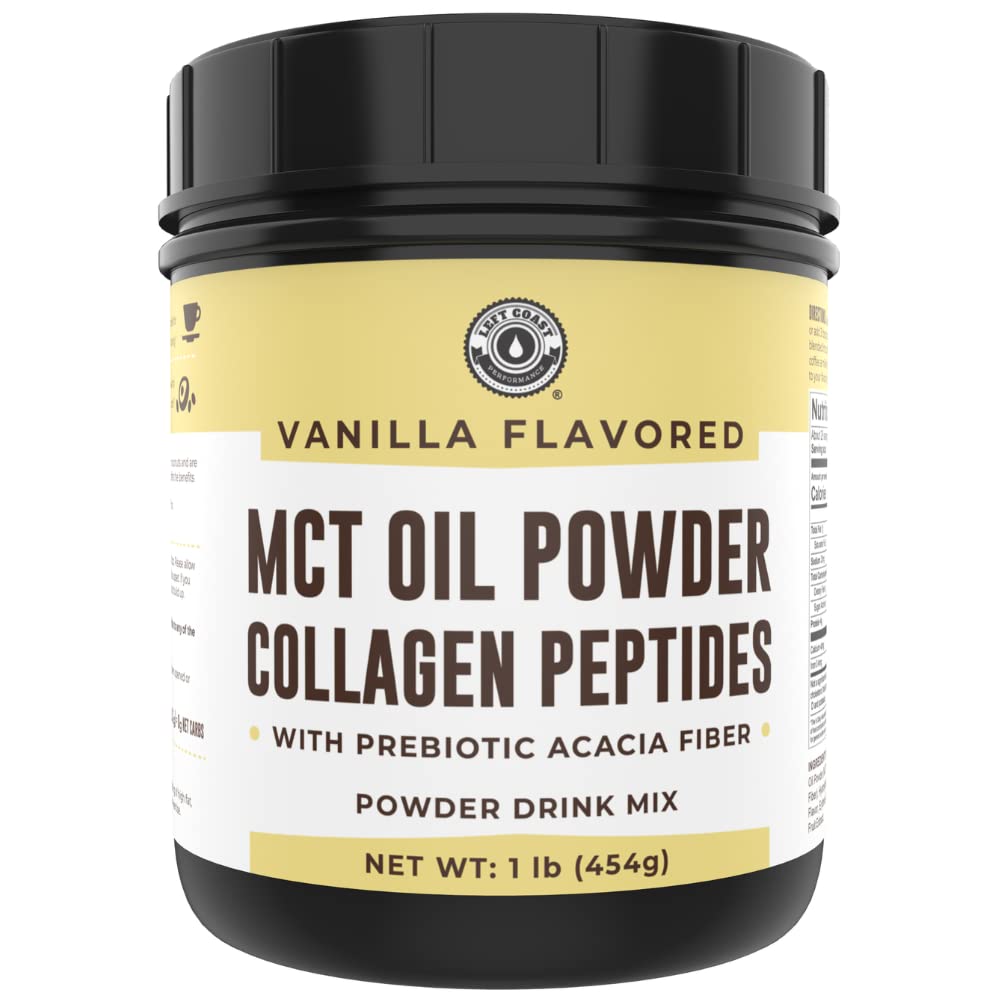 Keto MCT Oil Powder + Collagen + Prebiotic Acacia Fiber, Vanilla Flavor, 16oz. MCT Oil Powder fra Coconuts. Græs Fed Collagen, Perfekt til Keto, 0 Net Carb, Stevia, Erythritol, Pulveriseret Drik
