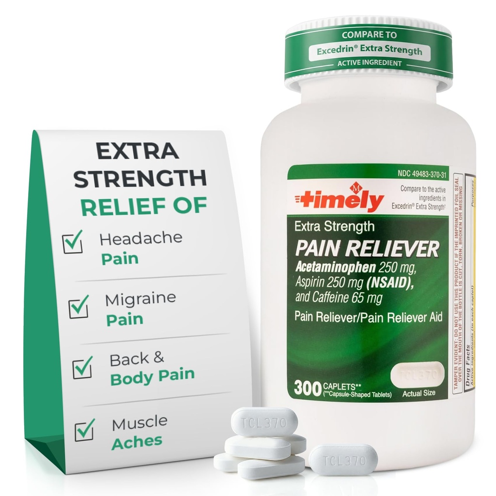 TIME-CAP LABS, INC. Timely Extra Strength Heache Relief - Acetaminophen med Aspirin & Koffein (300 Caplets) - Hovedpine, Migræne & Ryg og Body Pain & Muscle Aches - Extra Strength - Made in USA