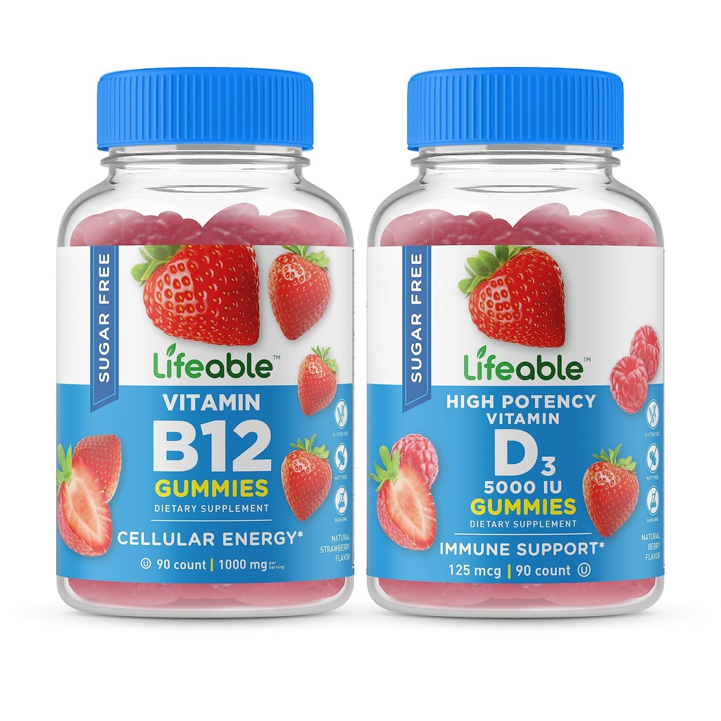 Lifeable Sugar Free Vitamin B12 + D-vitamin 5000 IE, Gummies Bundle - Great Tasting, Vitamin Supplement, Gluten Free, GMO fri, Chewable Gummy