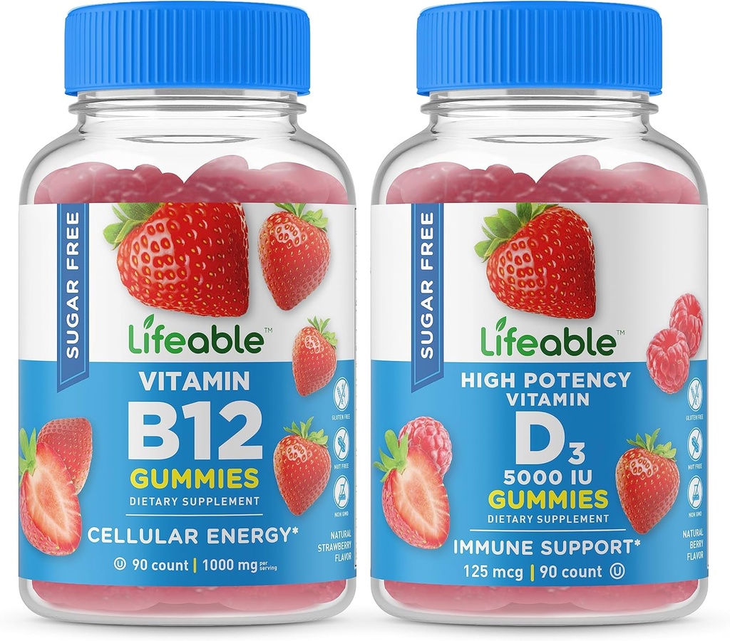 Lifeable Sugar Free Vitamin B12 + Vitamin D 5000 IU, Gummies Bundle - Great Tasting, Vitamin Supplement, Gluten Free, GMO Free, Chewable Gummy