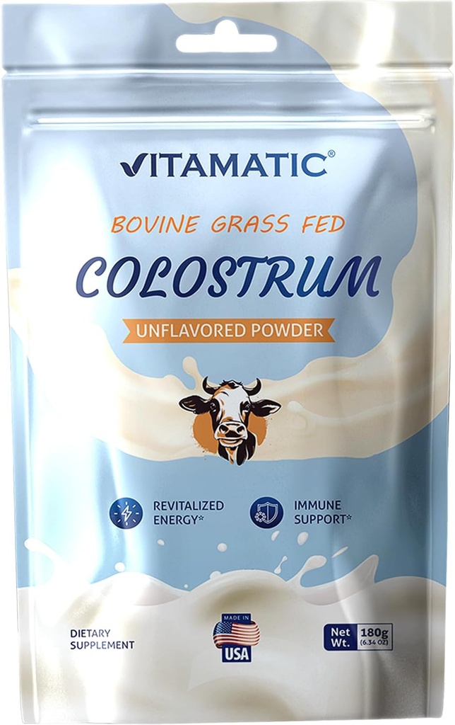 Vitamatic Bovine Colostrum 30% IgG Powder 180 gram (6.34 OZ) - Supplement for Gut Health, Hair Growth, Beauty, Muscle Recovery, & Immune Support - Easy to Mix - (Unflavored)