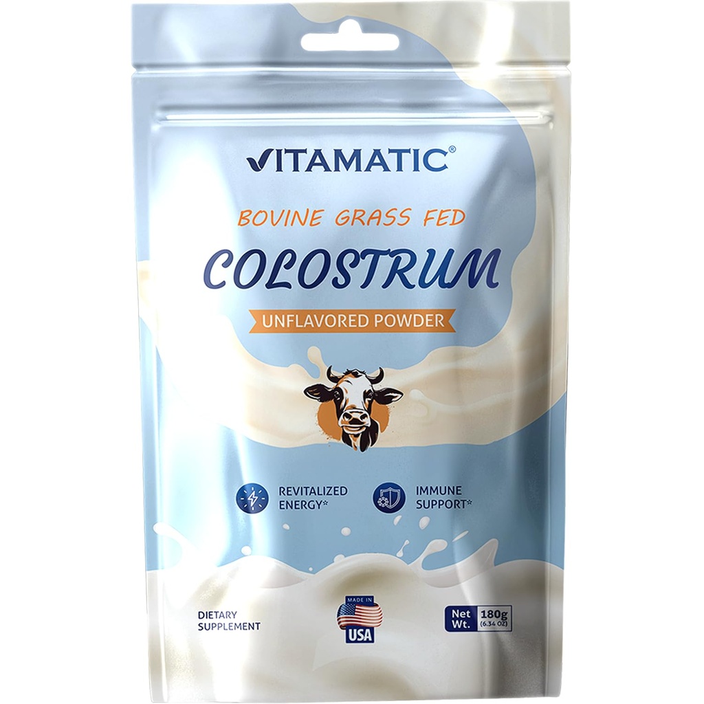Vitamatic Bovine Colostrum 30% IgG Powder 180 gram (6.34 OZ) - Supplement for Gut Sundhed, Hårvækst, Skønhed, Muscle Recovery, & immunforsvar - Let at blande - (Unflavored)