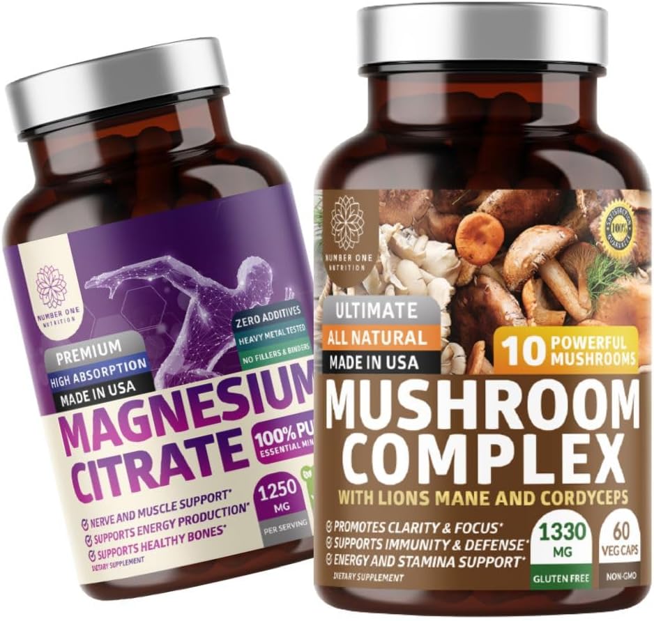 N1N Premium Mushroom Complex [10X Kraftige svampe] og Magnesium Citrate [200mg], 2 Pack Bundle