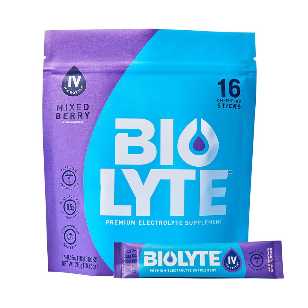 BIOLYTE IV Electrolyte Powder Packets, IV flydende drik mix til vand, Doctor- Udviklet hydrering, HSA Godkendt dehydrering Relief, Kemoterapi skal hugge for kvinder & mænd - Blandede bær (16 sticks)