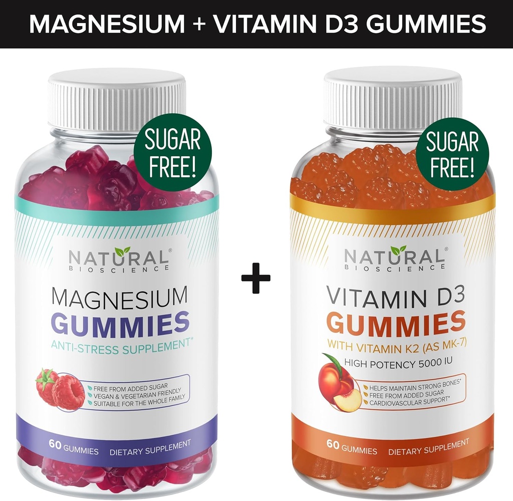Sugar- Free Magnesium Gummies (60 Gummies) og Sugar- Free Vitamin D Gummies (60 Gummies) - Immun Support & Calming Value Bundle, Gelatin- Free, Gluten- Free, Vegan, All Natural, GMO- Free, Kosher
