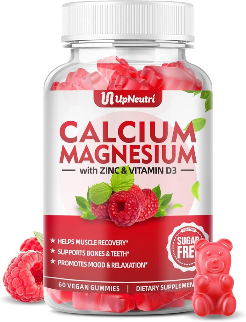 Calcium Magnesium Zink med D3- vitamintilskud, Sukker gratis Calciumgummier til kvinder Mænd, Høj Absorption Zinkgummier til ben & muskel & immunforsvar Sundhed, Vegansk hindbær Flavor - 60 Greve