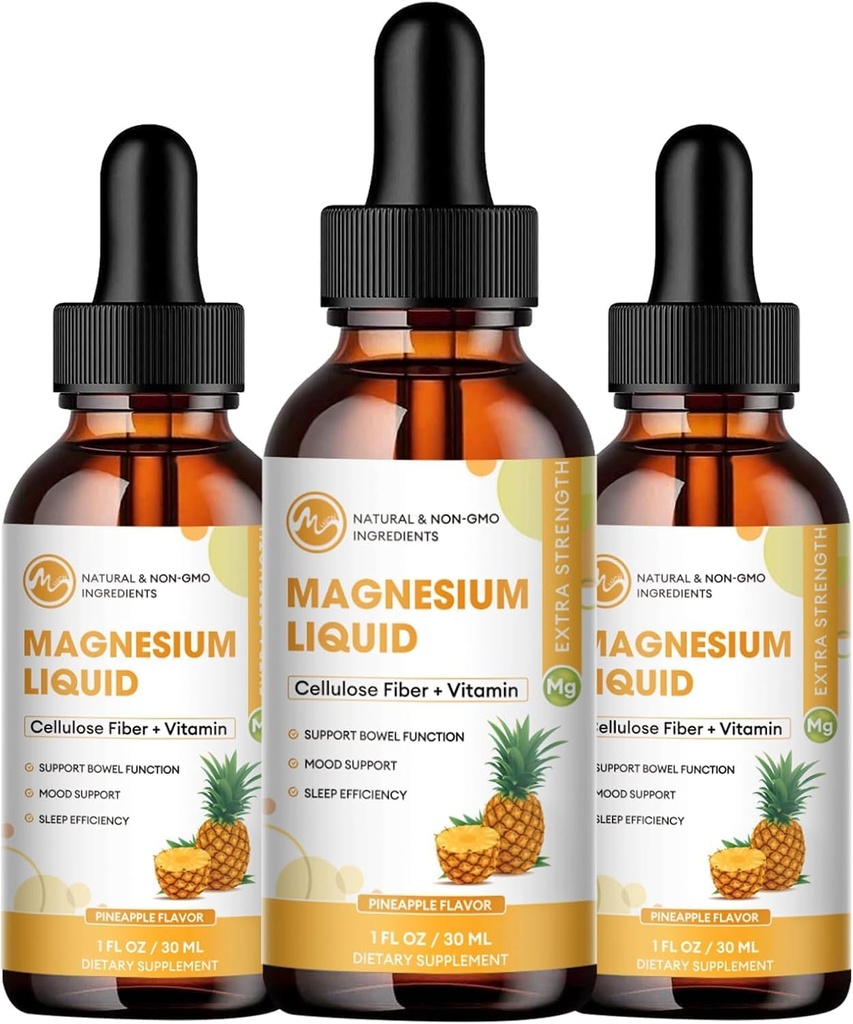 (3 Pack) Magnesium Glycinate Liquid Drops, High Absorption Magnesium Liquid with B6 C D Vitamin, Magnesiumsupplement til børn og voksne, Nat & Muskelstøtte, Ananas Aroma