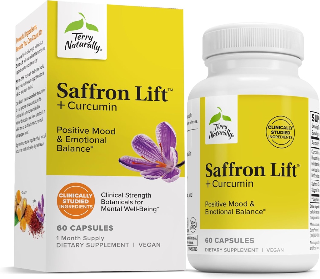 Terry Naturligt Saffron Lift + Curcumin - Urte tillæg med Curcumin - Non- GMO Saffron & Brain Curcumin kapsler - Koncentrering & Afslapning Support Supplement - 60 Kapsler
