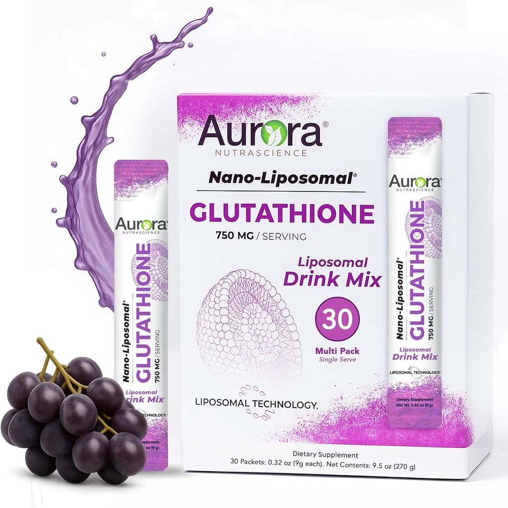 Aurora Nutrascience Nano- Liposomal Glutathion, Grape Poweded Drink Mix Immunum & Antioxidant Gut Health Support Supplement, 750 mg per servering, Non- GMO, Sugar- Free, 30 Single Serve Packets