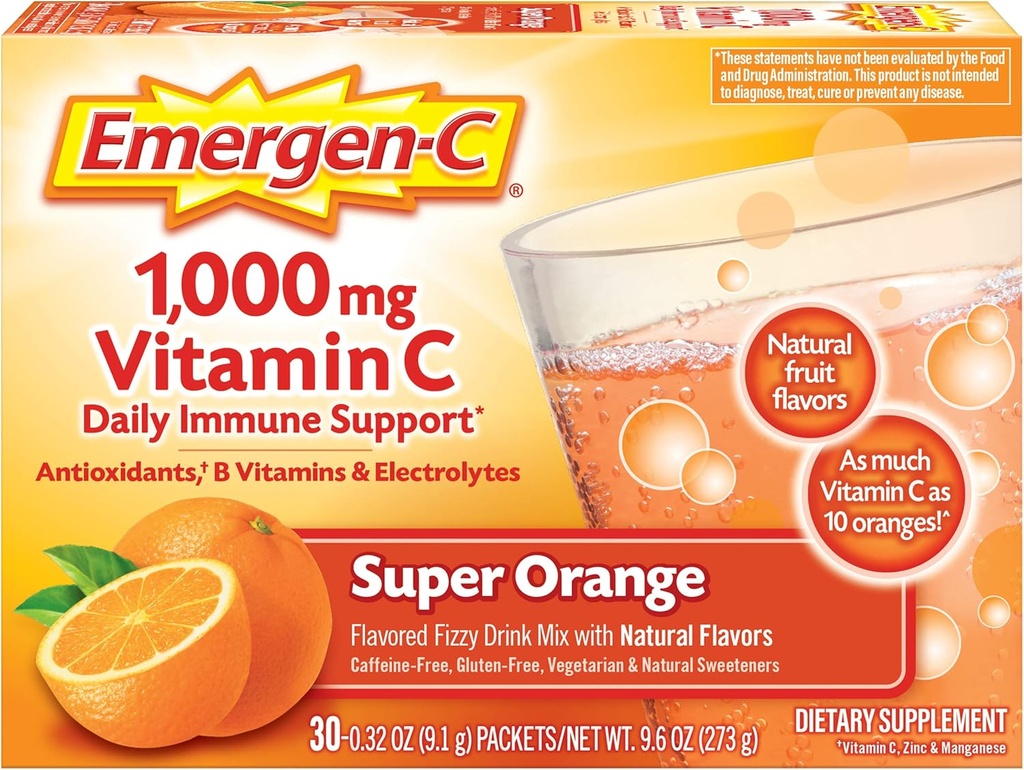Emergen- C 1000mg C-vitamin pulver til daglig immunstøtte Koffein fri C-vitamin kosttilskud med zink og mangan, B-vitaminer og elektrolyter, Super Orange Flavor - 30 Greve